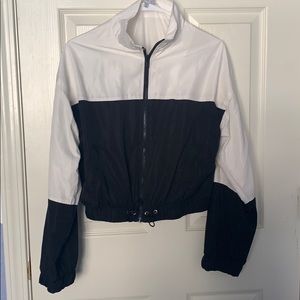 Black/White Cropped Windbreaker Zip-Up Jacket